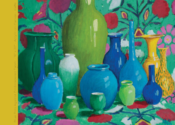 Blue Pots against Embroidered Fabric - 16” x 20” - Acrylic on Canvas - Kaffe Fassett
