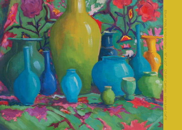 Blue Pots, Embroidery - 16” x 20” - Oil on Canvas - Erin Lee Gafill