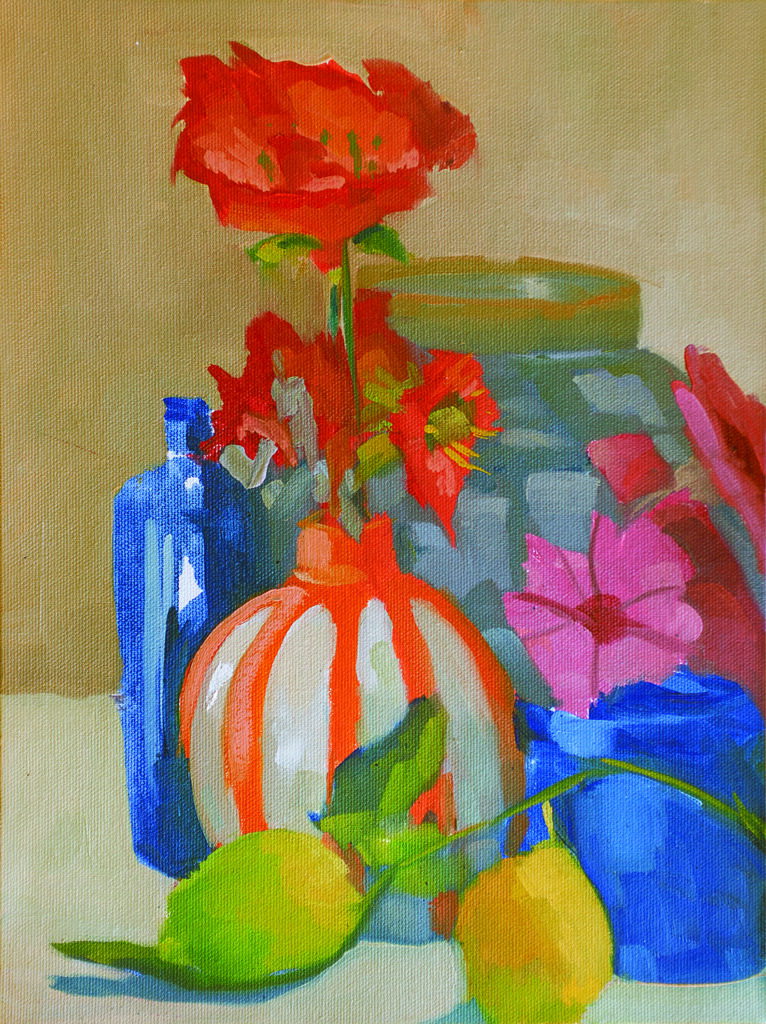 Orange Striped Vase with Flowers by Erin Lee Gafill