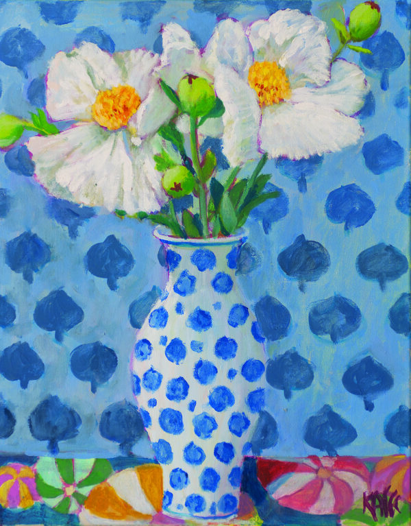 Matilijas in Blue Spotted Vase by Kaffe Fassett