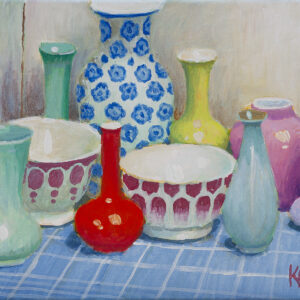 Patterned Pots on Checkered Cloth by Kaffe Fassett